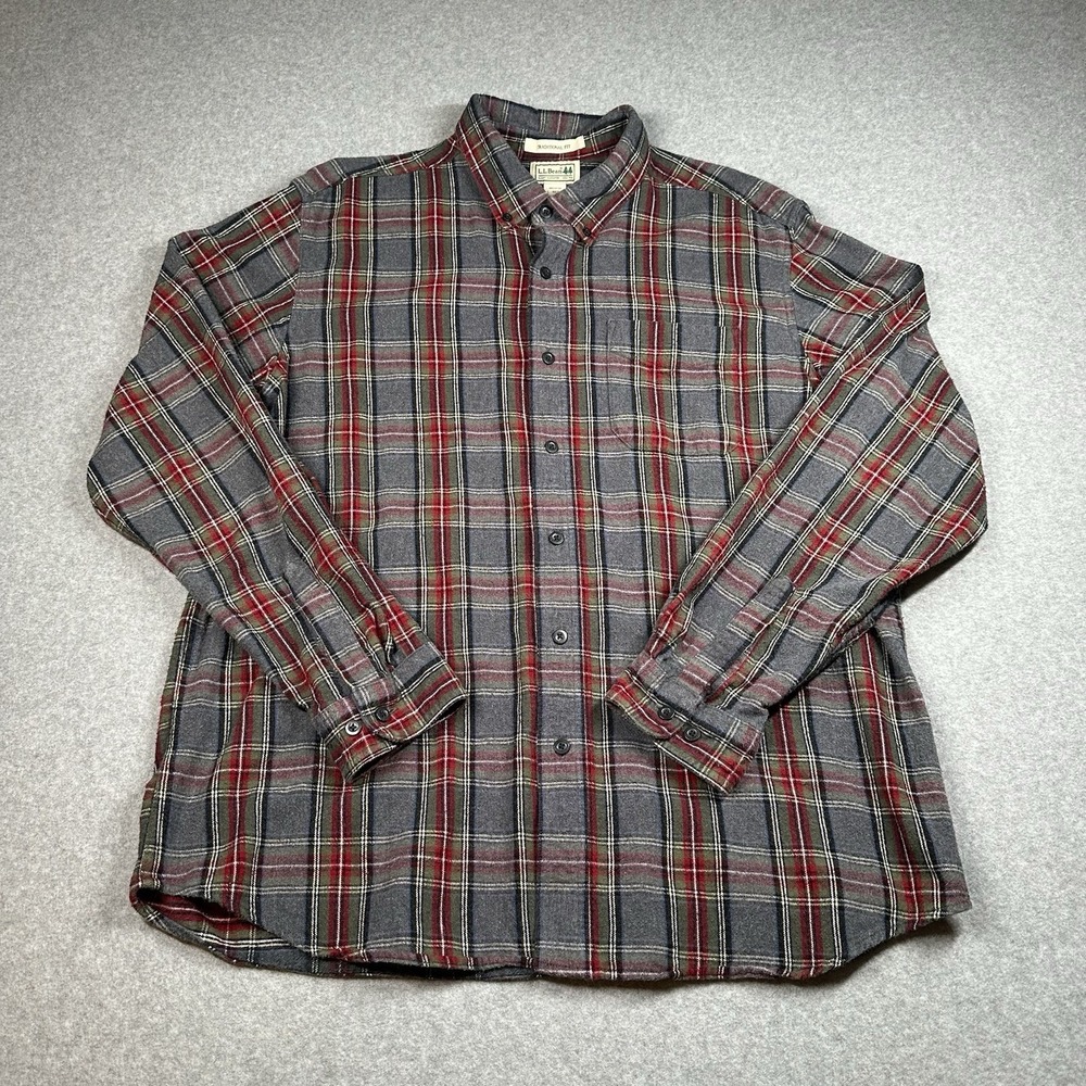 L.L.Bean Traditional Fit Plaid Carefree Flannel Shirt‎ Mens L Gray Red Cotton